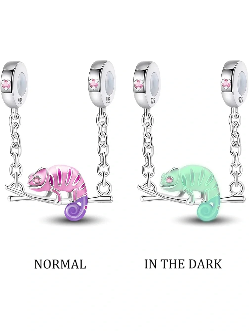 925 Pink Chameleon Dangle Charm Glow in the Dark Sterling Silver
